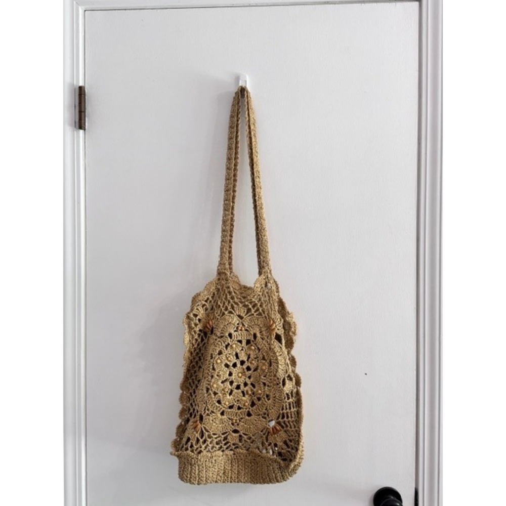 Boho Crochet Straw Tote Bag Tan Beaded Floral Knit Shoulder Bag Summer Beach